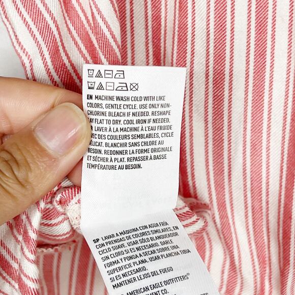 New American Eagle XSmall XS Red Cream Striped Tie Front Button Front Shirt Top - Picture 9 of 9